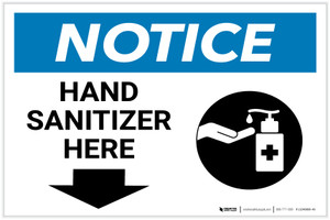 Notice: Hand Sanitizer Here Down Arrow with Icon Landscape - Label