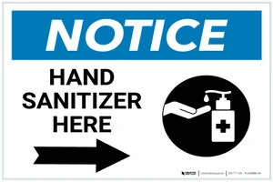 Notice: Hand Sanitizer Here Right Arrow with Icon Landscape - Label