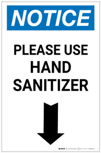 Notice: Please Use Hand Sanitizer Down Arrow Portrait - Label
