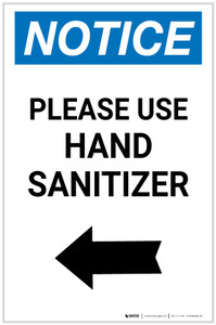 Notice: Please Use Hand Sanitizer Left Arrow Portrait - Label