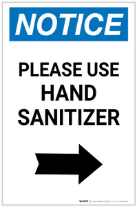 Notice: Please Use Hand Sanitizer Right Arrow Portrait - Label