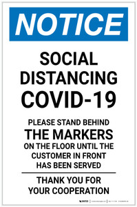 Notice: Social Distancing COVID-19 Please Stand Behind Markers on Floor Portrait - Label