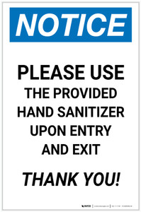 Notice: Please Use Provided Sanitizer Upon Entry and Exit - Thank You! Portrait - Label