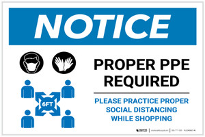Notice: Proper PPE Required Social Distancing with Icons Landscape - Label