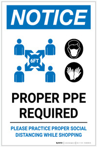 Notice: Proper PPE Required Social Distancing with Icons Portrait - Label