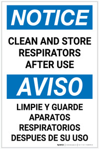 Notice: Clean And Store Respirators After Use Bilingual Spanish Portrait - Label