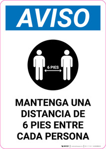 Notice: Please Maintain A Distance Of 6 Feet Spanish with Icon Portrait - Label