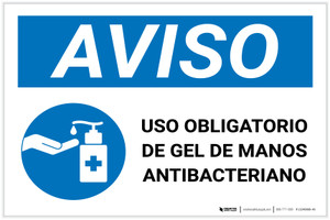Notice: Mandatory Use Of Anti-Bacterial Hand Gel Spanish With Icon Landscape - Label