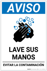 Notice: Wash Your Hands Avoid Contamination Spanish With Icon Portrait - Label