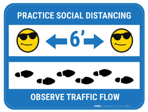 Practice Distancing Observe Flow with Sunglass Emoji - Blue - Floor Sign