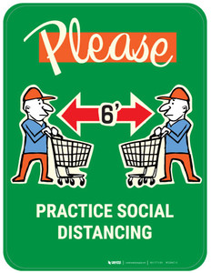 Please Practice Social Distancing with Emoji Shopper - Green - Floor Sign