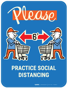 Please Practice Social Distancing with Emoji Shopper - Blue - Floor Sign