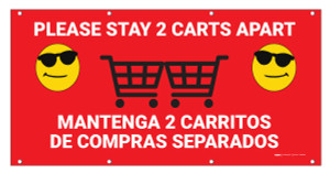 Please Stay 2 Carts Apart Bilingual Spanish with Sunglasses Emoji - Banner