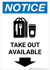 Notice: Take Out Available Down with Icon Portrait - Wall Sign