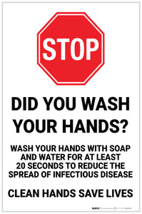 Stop: Did you Wash Your Hands? Clean Hands Save Lives Portrait - Label