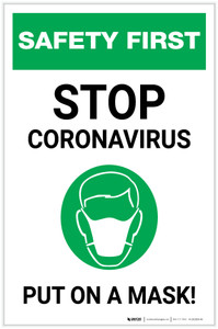 Safety First: Stop Coronavirus - Put On A Mask with Icon Portrait - Label