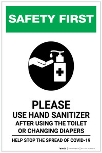 Safety First: Please Use Hand Sanitizer - After Using Toilet with Icon Portrait - Label