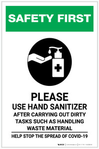 Safety First: Please Use Hand Sanitizer - After Carrying Out Dirty Tasks with Icon Portrait - Label
