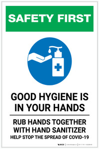 Safety First: Good Hygiene is in your Hands - Rub Hands Together with Icon Portrait - Label