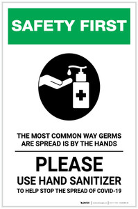 Safety First: The Most Common Way Germs are Spread - Please Use Hand Sanitizer with Icon Portrait - Label