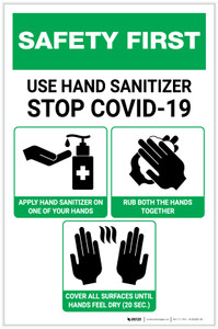 Safety First: Use Hand Sanitizer with 3-Step Icon Instructions Portrait - Label