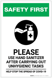 Safety First: Please Use Hand Sanitizer after Unhygienic Tasks with Icon Portrait - Label