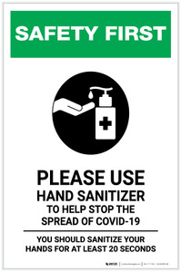 Safety First: Please Use Hand Sanitizer - Sanitize Your Hands For at least 20 Seconds with Icon Portrait - Label