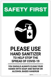 Safety First: Please Use Hand Sanitizer - Clean Hands with Soap and Water with Icon Portrait - Label