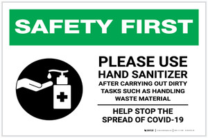 Safety First: Please Use Hand Sanitizer - After Carrying Out Dirty Tasks with Icon Landscape - Label