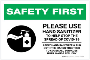 Safety First: Please Use Hand Sanitizer - Apply Hand Sanitizer and Rub Hands with Icon Landscape - Label