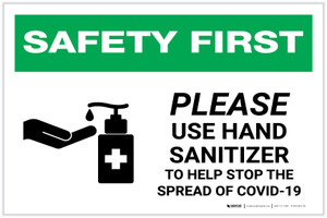 Safety First: Please Use Hand Sanitizer - Stop COVID-19 with Icon Landscape - Label