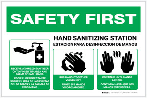 Safety First: Bilingual Spanish Hand Sanitizing Station 3-Steps with Icons Landscape - Label