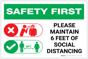 Safety First: Please Maintain 6 Feet of Social Distancing with Icons Landscape - Label