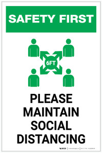Safety First: Please Maintain Social Distancing with Icon Portrait - Label