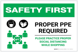 Safety First: Proper PPE Required Maintain Social Distance with Icons Landscape - Label