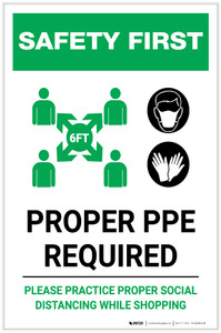 Safety First: Proper PPE Required Maintain Social Distance with Icons Portrait - Label