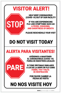 Visitor Alert - Help Keep Coronavirus Out of Our Facility with Stop Icon Bilingual Spanish Portrait - Label