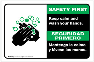 Safety First: Keep Calm and Wash Your Hands Bilingual Spanish with Icon Landscape - Label