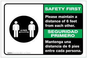 Safety First: Please Maintain A Distance Of 6 Feet Bilingual Spanish with Icon Landscape - Label