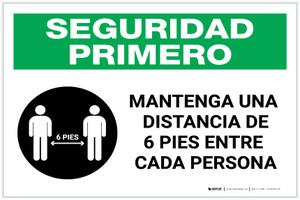 Safety First: Please Maintain A Distance Of 6 Feet Spanish with Icon Landscape - Label