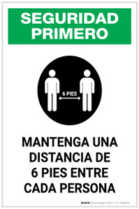Safety First: Please Maintain A Distance Of 6 Feet Spanish with Icon Portrait - Label