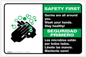 Safety First: Stay Healthy Wash Your Hands Bilingual Spanish with Icon Landscape - Label
