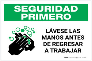 Safety First: Wash Hands Before Returning To Work Spanish with Icon Landscape - Label