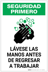 Safety First: Wash Hands Before Returning To Work Spanish with Icon Portrait - Label
