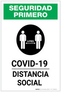Safety First: COVID-19 Social Distancing Spanish with Icon Portrait - Label