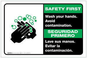 Safety First: Wash Your Hands Avoid Contamination Bilingual Spanish with Icon Landscape - Label