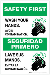 Safety First: Wash Your Hands Avoid Contamination Bilingual Spanish with Icon Portrait - Label