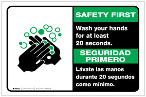 Safety First: Wash Your Hands For At Least 20 Seconds Bilingual Spanish with Icon Landscape - Label