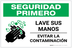 Safety First: Wash Your Hands Spanish with Icon Landscape - Label