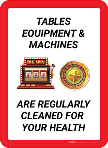 Tables, Equipment, & Machines are Regularly Cleaned For your Health Portrait with Emoji - Wall Sign